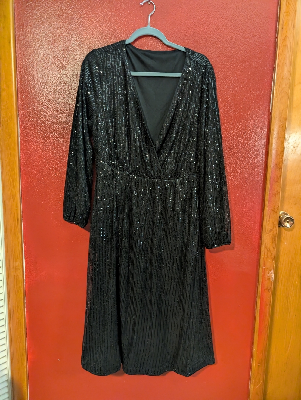 BloomChic Black Sequin Wrap-Style Long Sleeve Midi Dress